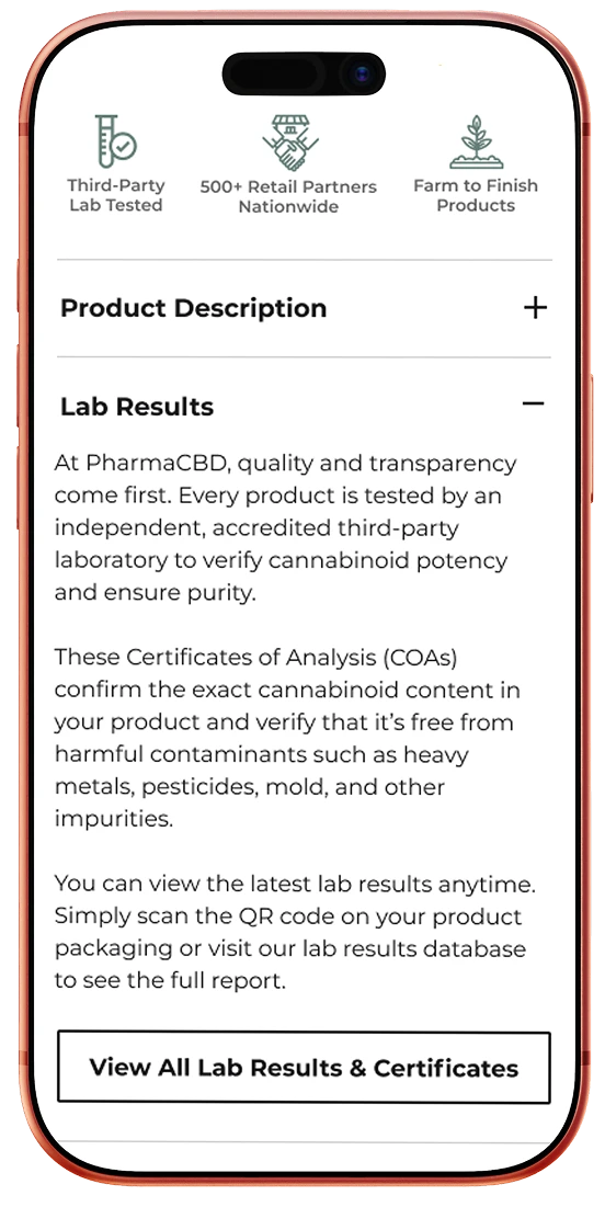 Mobile view of the Pharma CBD product detail page, first screen.