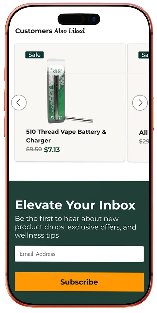 Mobile view of the Pharma CBD product detail page, second screen.