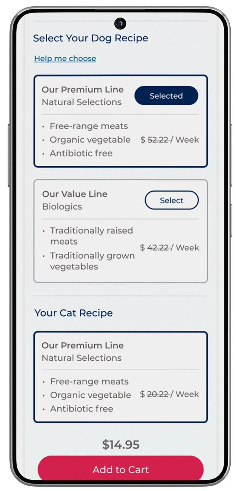 Mobile recipe selector screen for the dog and cat subscription plan.