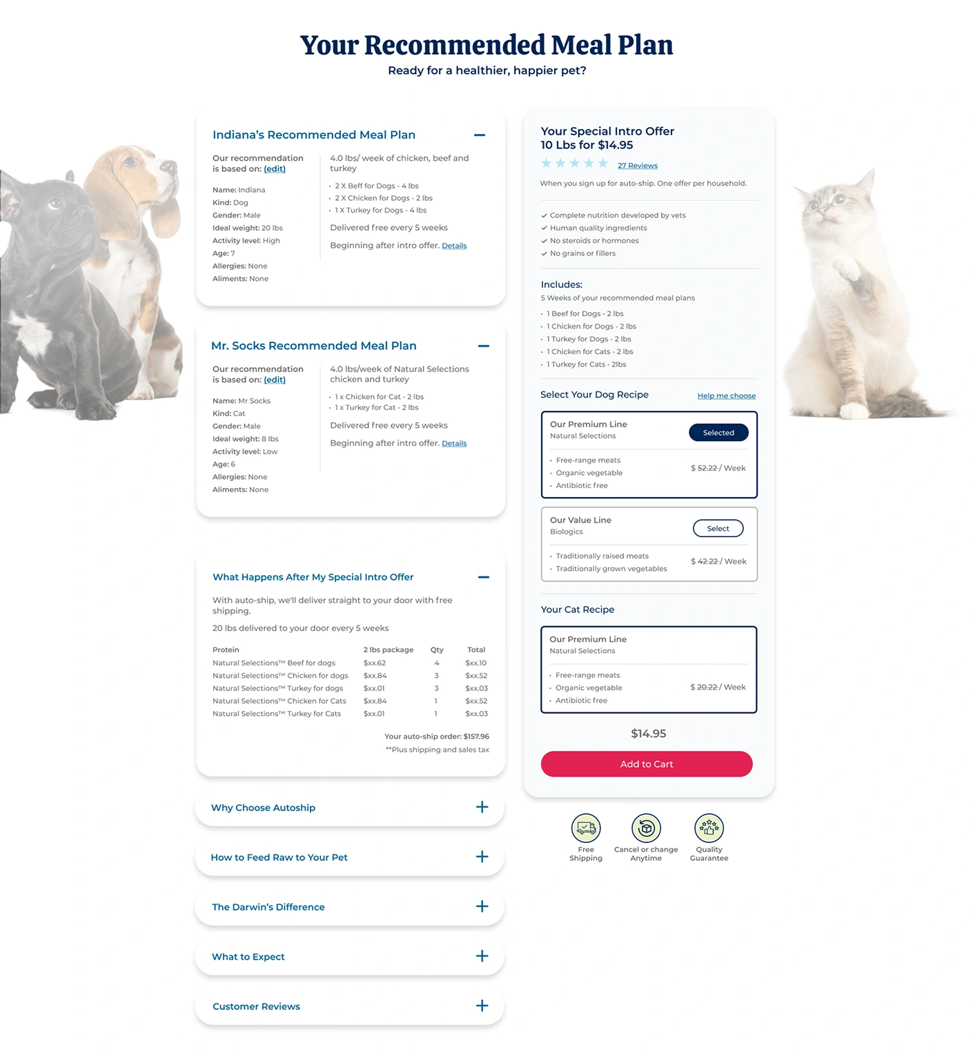 Quiz-based subscription results page for Darwin's Pet, showing a personalized recommended meal plan for two pets and a special intro offer with recipe selection and Add to Cart.