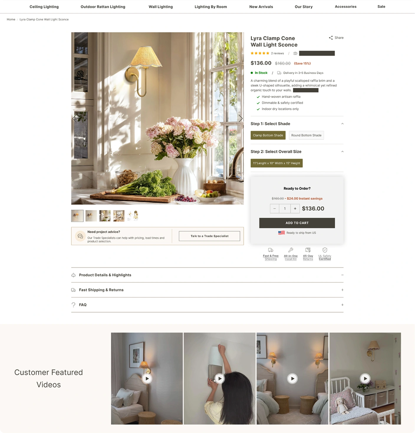 Rowabi product detail page for the Lyra Clamp Cone Wall Light Sconce: reviews under the product name, checkmarked benefits, a numbered step-by-step configurator, stock and delivery time, and customer featured videos.
