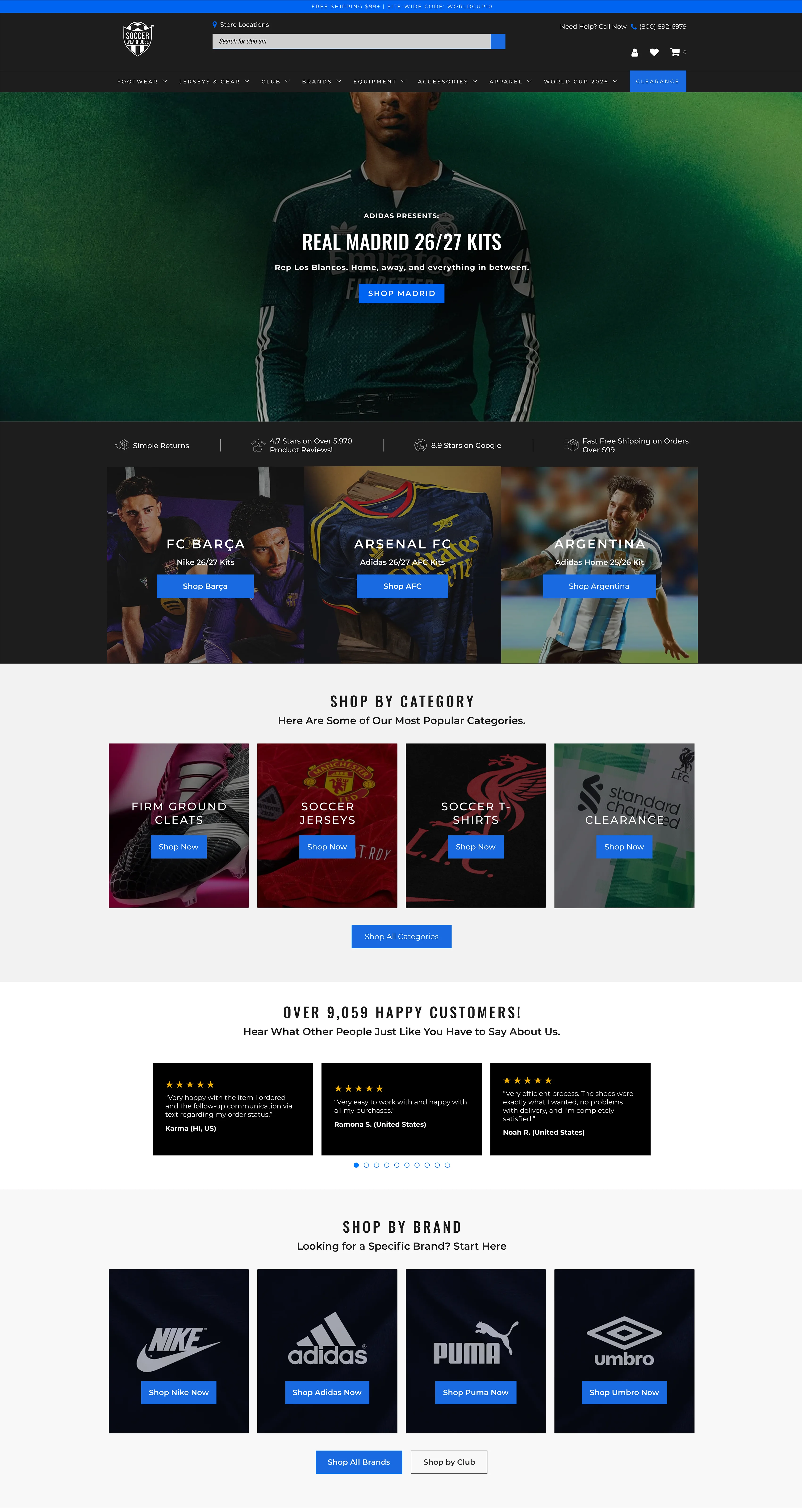 Soccer Wearhouse home page: Real Madrid 26/27 kits hero banner, quick-shop by club, shop by category, and customer testimonials.