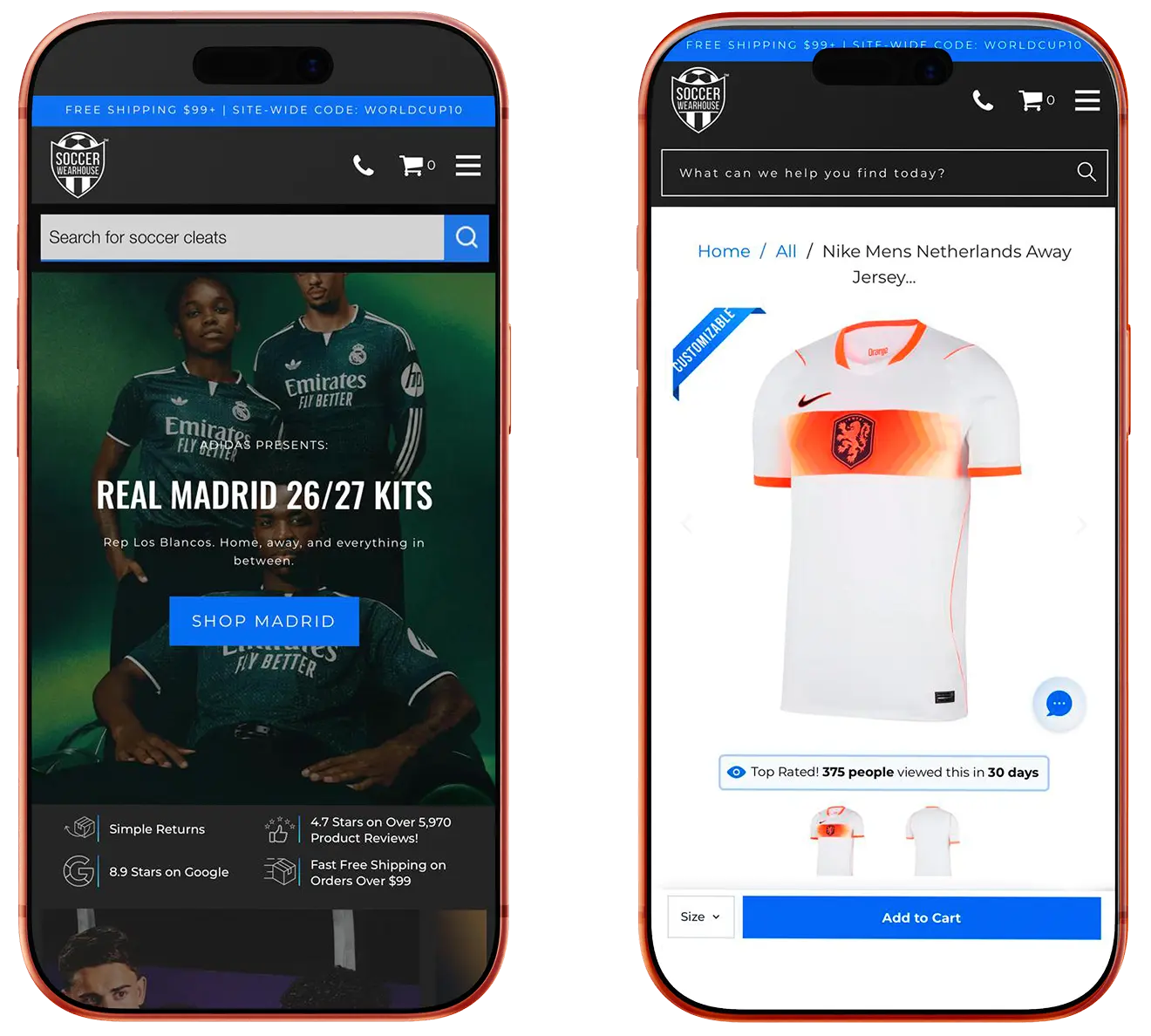 Mobile views of the Soccer Wearhouse home page and product detail page, shown on two phone mockups.